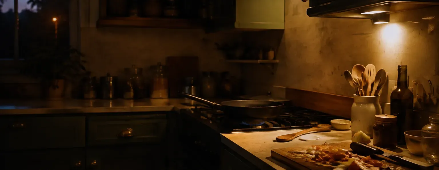 Petite cuisine de maison le soir, une lampe chaude au-dessus du plan de travail et une poêle sur le feu