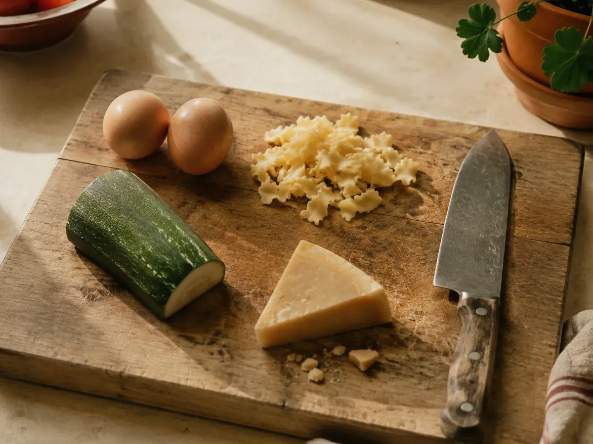 Planche à découper en bois avec une demi-courgette, deux œufs, un morceau de parmesan et des pâtes cuites