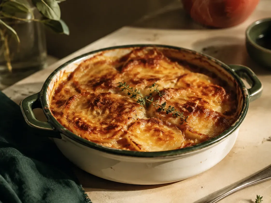 Gratin doré dans un plat en fonte émaillée posé sur une table claire, avec une fourchette et des brins de thym