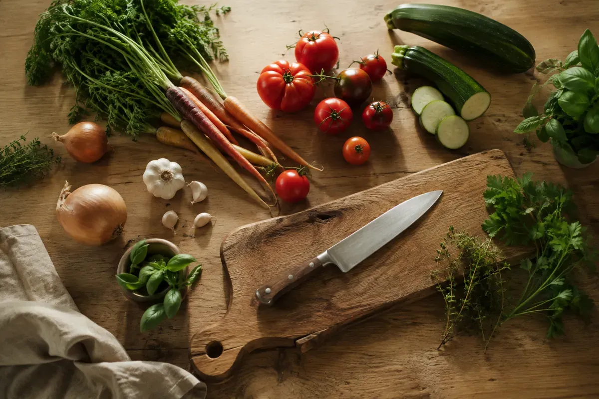 Légumes frais vus de dessus, carottes, tomates, courgette, oignons, ail et basilic, autour d'une planche à découper et d'un couteau de chef